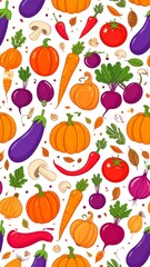 Assorted cartoon-style fruits and vegetables scattered on a white background