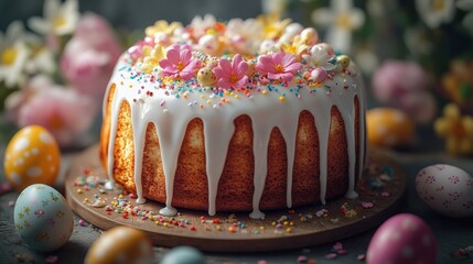 Festive round cake with white icing, colorful sprinkles, and pink and white edible flowers surrounded by painted Easter eggs in soft focus background