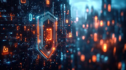 Futuristic digital shield glowing with orange and blue lights in a cyber grid environment representing advanced cybersecurity and data protection