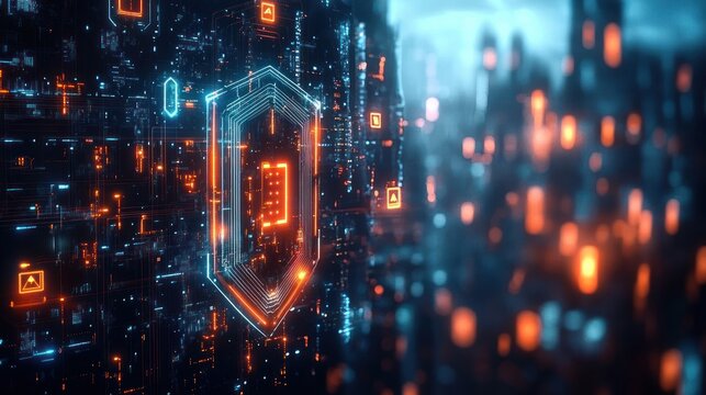 Futuristic digital shield glowing with orange and blue lights in a cyber grid environment representing advanced cybersecurity and data protection