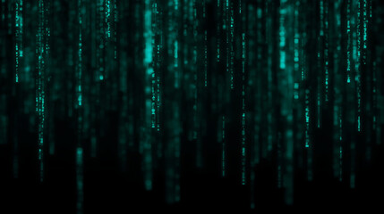 Green Digital Rain Background with Binary Code for Technology and Innovation Visualization