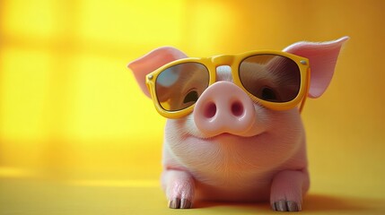 cute pink piglet wearing oversized yellow sunglasses lying down against bright yellow background with a cheerful expression