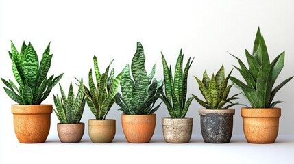 Obraz premium Seven potted snake plants with varied leaf patterns and colors arranged in a neat row against a plain white background, conveying freshness and natural beauty