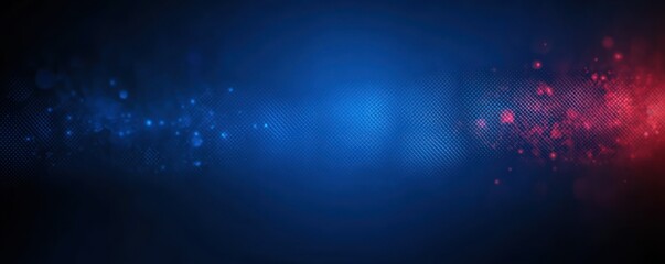 Abstract digital background with blue and red glowing particles blending in the center on a textured dark backdrop