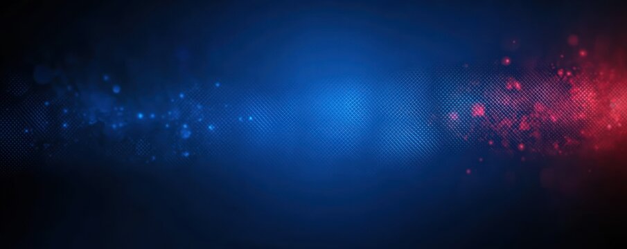 Abstract digital background with blue and red glowing particles blending in the center on a textured dark backdrop