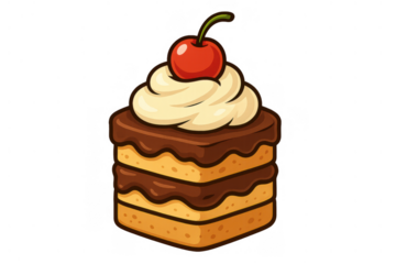 Chocolate layered cake with whipped cream and cherry on top, delicious sweet pastry dessert icon illustration