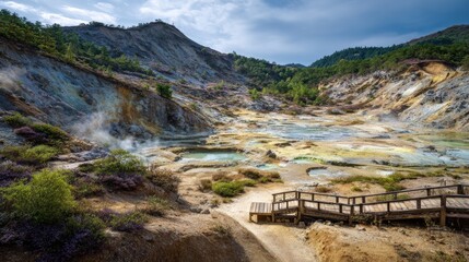 A scenic vista reveals an arid valley with colorful, mineral-rich terrain and steaming thermal pools, connected by a wooden boardwalk