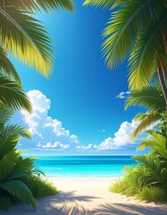 Sunlight filters through palm leaves on a clear day near the ocean with fluffy clouds in the background