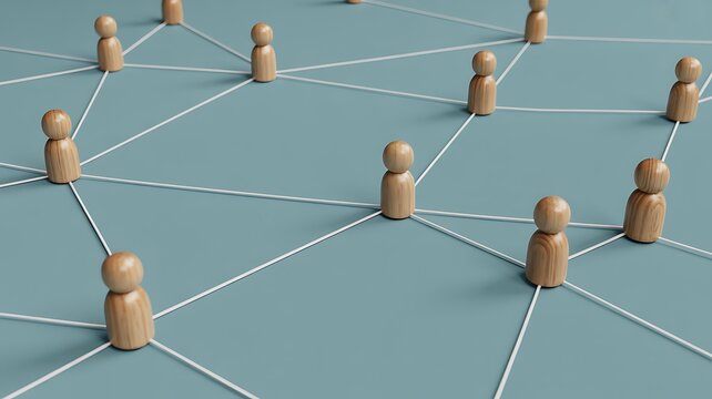 Interconnected wooden figures symbolizing social structure and online community