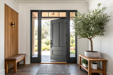Obraz premium Open gray doorway in sunlit hallway