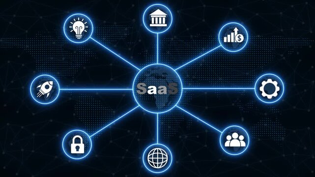 Saa S software as a service concept diagram with connected icons on a dark world map background SaaS