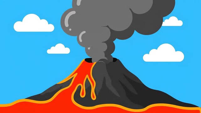 Illustration of an erupting volcano with smoke, lava, clouds, and a blue sky.
