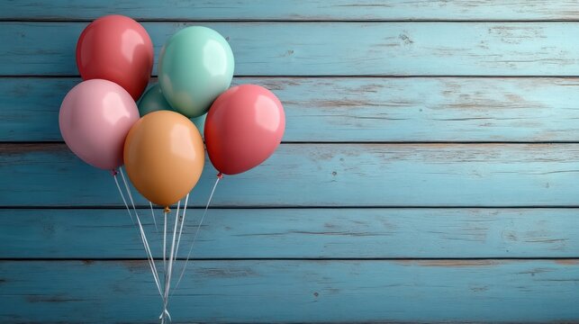 Cluster of pastel-colored balloons including pink, red, teal, and orange against a rustic light blue wooden plank background
