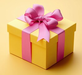 Obraz premium Bright yellow gift box wrapped with a vibrant pink satin ribbon and bow on a soft yellow background conveying anticipation and celebration