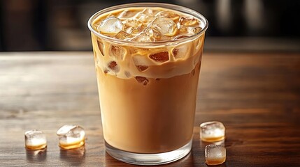 Close-up of a glass filled with iced coffee or iced latte with milk and ice cubes on a wooden surface, creating a refreshing and cool feeling
