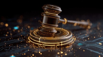 Digital Justice: A gavel rests atop a glowing circuit board, symbolizing the intersection of law and technology, representing digital justice and the evolution of legal systems.
