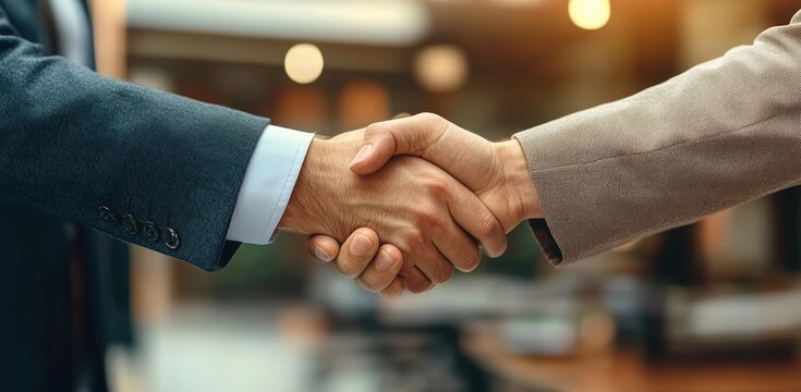 Close-up of two people shaking hands in a professional setting symbolizing agreement and cooperation - Powered by Adobe