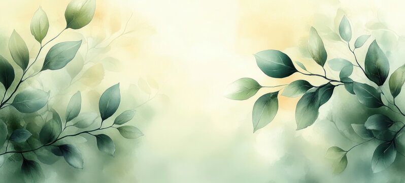 Soft green leafy branches framing a light and airy background with gentle gradients of green and beige evoking calmness and natural serenity