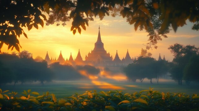 Misty sunrise casting warm golden light on a majestic temple with pointed spires surrounded by trees and lush foliage