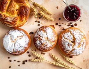 Assortment of pastries with wheat, coffee beans, and jam arranged overhead on counter