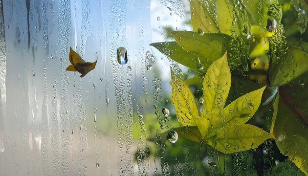 A window view with raindrops, leaves, and blurry background