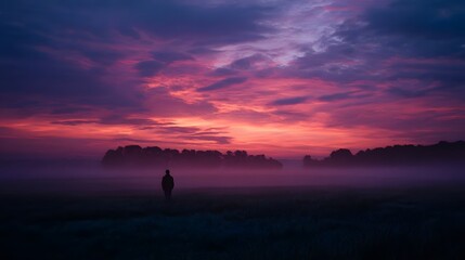 A lone silhouette stands in a misty field under a dramatic colorful sunrise sky with vibrant clouds and pastel hues