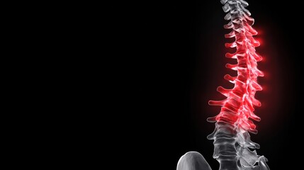 Spinal Anatomy Illustration: A detailed, illuminated depiction of the human spine, highlighting the intricate structure and potential areas of concern against a stark backdrop. 