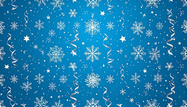 Festive blue background with falling snowflakes and ribbons