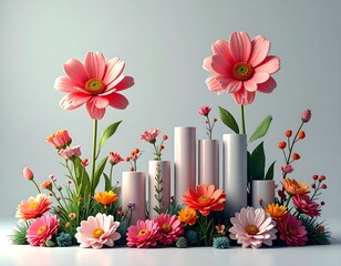 Assortment of pink, peach, and orange flowers among pastel cylinders on a white surface