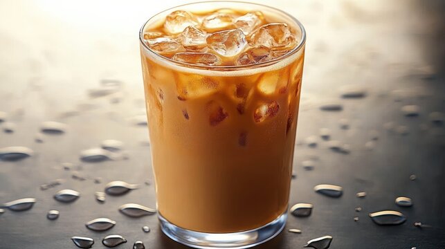 Close-up of a glass filled with iced coffee on a reflective wet surface with water droplets scattered around, evoking a refreshing and cool feeling - Powered by Adobe