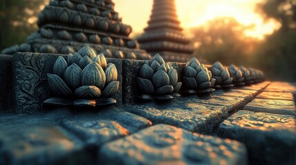 Close-up of ornate stone lotus carvings on ancient temple steps illuminated by warm golden sunset light in a serene outdoor setting