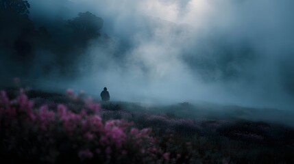Fototapeta premium A solitary figure wearing a hat walks through a mystical fog laden field of blooming purple flowers at sunrise