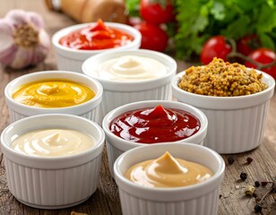 Assortment of sauces in white ramekins, with tomatoes, garlic, herbs on a wooden surface