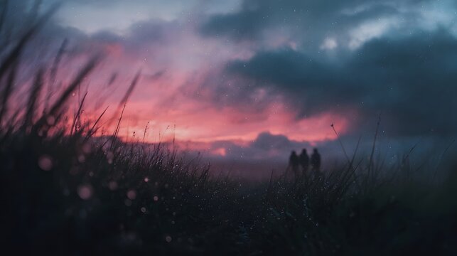 Silhouetted figures walk through a dewy field under a dramatic colorful twilight sky
