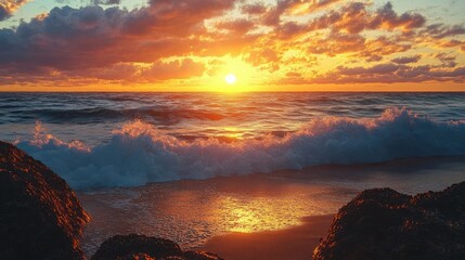 vibrant sunset over ocean waves crashing onto rocky shore under colorful cloudy sky