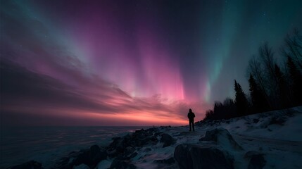 Vibrant Aurora Borealis illuminates a solitary figure in a snowy winter landscape under a starry night sky