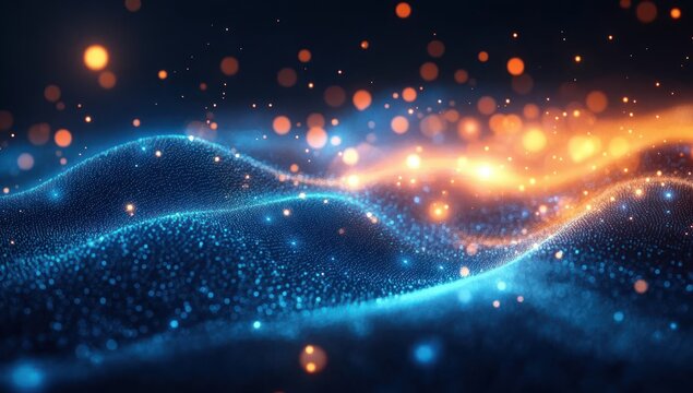 Abstract digital landscape of glowing blue waves with floating orange light particles creating a dynamic and futuristic energy effect