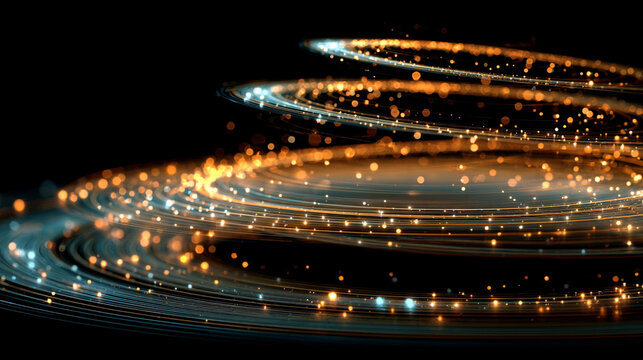 spiral of bokeh lights and neon sparks, forming a rotating, magical swirl. The scene conveys motion, energy, and a sense of wonder, with glowing golden highlights, curved speed lines, and shiny, wavy  - Powered by Adobe