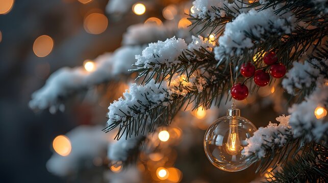 Beautiful snowy Christmas tree decorated with glowing lights, glass ornament, and red berries, symbolizing holiday spirit, winter joy, and festive warmth