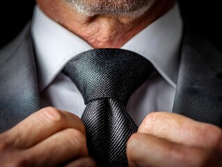 A mature businessman adjusting his textured black tie with confidence and wea a gray suit jacket close up.