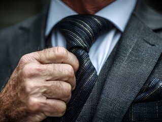 A mature businessman adjusts his dark patterned tie while wea a grey suit and light blue shirt.