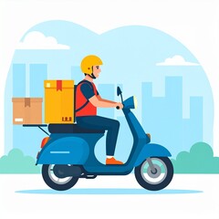 Delivery rider on scooter with packages at a residential door in a sunny urban setting