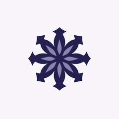 Obraz premium A stylized, symmetrical floral design with eight dark blue petals on a white background.