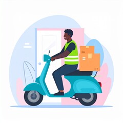 Delivery rider on scooter with packages at a residential door in a sunny urban setting