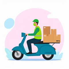 Delivery rider on scooter with packages at a residential door in a sunny urban setting