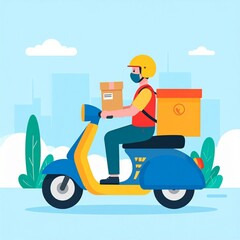 Delivery rider on scooter with packages at a residential door in a sunny urban setting