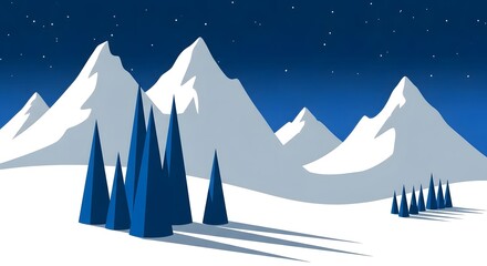 Stunning minimalist winter mountain landscape with snow covered peaks, stylized blue trees under a starry night sky, a perfect scenic illustration