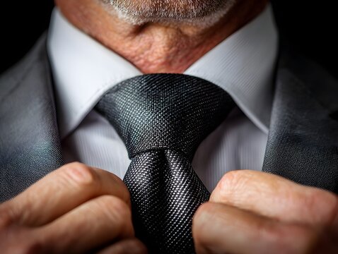 A mature businessman adjusting his textured black tie with confidence and wea a gray suit jacket close up. - Powered by Adobe