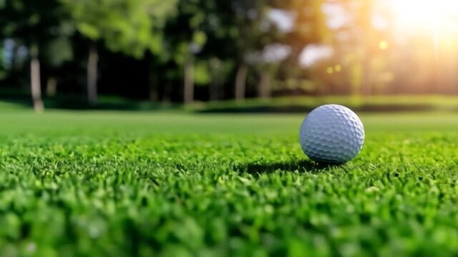 Golf ball on lush green course with golden sunlight