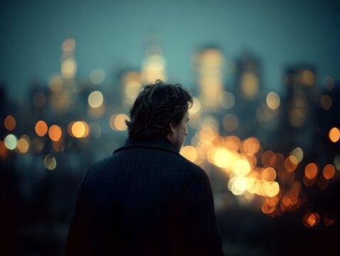 A man contemplates the blurred city lights at night in deep thought with a darkened overcoat silhouette.